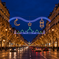 Guirlande lumineuse géante extérieure Ramadan pour éclairage de rue, cadre métallique robuste, LED personnalisée, double croissant, pour projet mosquée, IP65 CE