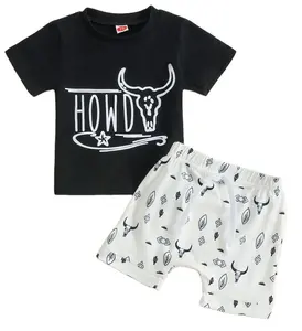 Conjunto de manga curta cowboy, venda quente, conjunto de cowboy, manga curta, estampa de carta, 2 peças, roupas, para crianças, verão, traje estampado de vaca