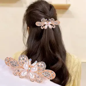 2022 Wholesale Custom Pearl Rhinestone Hair Clips Luxury Simple Shiny Crystal Butterfly Leaves Shape Spring Hair Clips Hairgrip