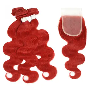 Lange Remy Maagdelijke Braziliaanse Body Wave Human Hair Extensions Rode Bundels Met Sluiting Krullend Mooi