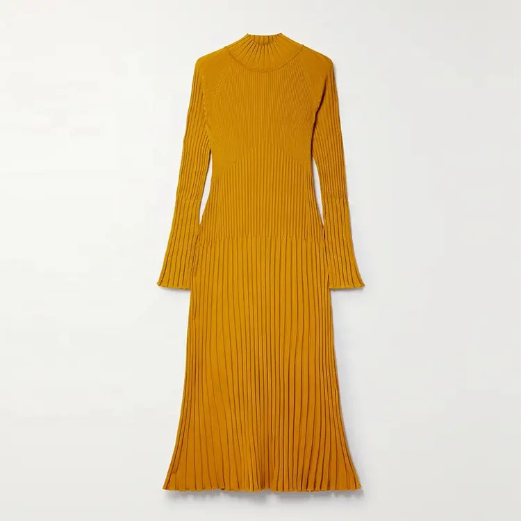Knitwear Manufacturer Custom Autumn Winter Gold turtleneck Long Sleeve Women Ribbed Knit Sweater Dress