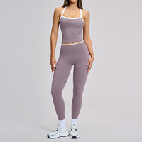 Ensemble 2 pièces pour femme, haut et short élastique à bretelles en Y, effet seconde peau, color block, pour yoga, course à pied, fitness - Respirant, extensible dans les quatre sens
