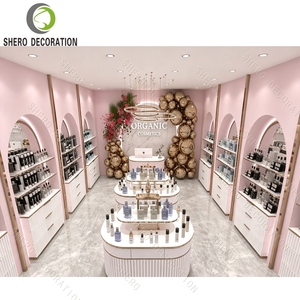 Étagères de présentation cosmétiques en or rose de luxe, design d'intérieur de parfumerie, aménagement de boutique de cosmétiques bio, vitrine arquée - Product Image 5