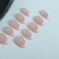 Uñas artificiales hechas a mano, forma de almendra corta, Punta francesa rosa, uñas reutilizables de alta calidad.