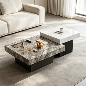 Modern Movable <b>Nested</b> Sintered Stone <b>Coffee</b> <b>Table</b> <b>Set</b> With Built-in Tea Tray, Two-tone Square <b>Table</b> For Living Room Furniture - Product Image 6