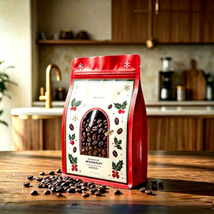 Sachet Doypack Personnalisé pour Café de Noël, Rouge avec Motif Aiguilles de Noël, Fermeture Éclair, Qualité Alimentaire, BOPP Stratifié, Impression Numérique - Product Image 2