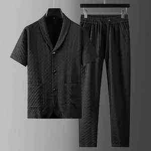 Herren Sommer Kurzarm Anzüge Lässig Herrenmode Karierte Knopf Revers Shirts Elastische Taille Lange Hosen Zweiteiliges Set - Product Image 5