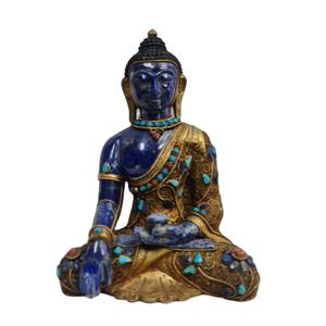 Lapis Lazuli Handcrafted Brass <b>Gold</b> Filigree Buddha <b>Statue</b> Sculpture Handmade Home Decor India Rudra Gems Brand Casting - Product Image 6