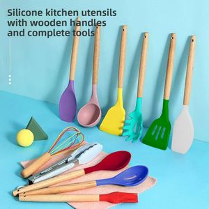 Pour la cuisine, ensemble d'ustensiles de cuisine en silicone coloré résistant à la chaleur, 12 pièces, avec manches en bois de hêtre, cuillère et spatule - Product Image 3
