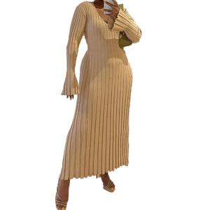 Robe longue décontractée en maille unie à col en V et manches longues pour femme, collection automne-hiver, vente en gros personnalisée - Product Image 3