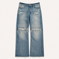Jeans déchirés bleu clair sur mesure pour homme, coupe large, ourlet brut, style Y2K, streetwear, fabrication usine