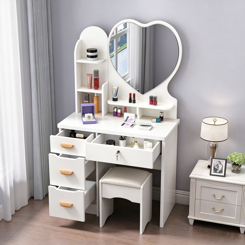Compact Dressing Table Set Dressing Table Dressing Desk Makeup Vanity Set Heart Mirror Small ...