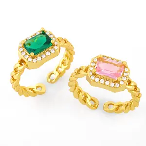 high quality colour pink and green zircon adjustable brass alloy 18k gold plated ring women rings adjustable