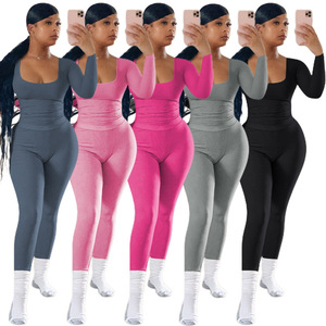 女性服<span class=keywords><strong>2</strong></span>ピース長袖シャツパンツセットニットリブラウンジウェアマッチングラウンジウェアセット女性用 - Product Image 1
