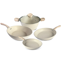 Ensemble de batterie de cuisine à induction moderne personnalisé, aspect granit classique, en aluminium forgé, antiadhésif, comprenant poêle à frire et casserole, 4 pièces, avec poignées en bakélite