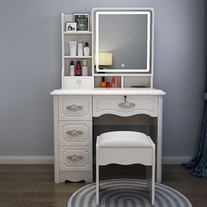 Tocador Moderno Blanco con Espejo LED, Mesa de Maquillaje con Cajones de Almacenamiento y Taburete - Product Image 3