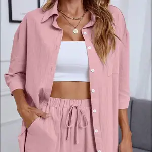2023 Fashion Women Casual Hot Sale Seven Sleeve Turn Down Collar Shirt And Casual Short Pants Cotton Linen Two Piece Set