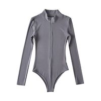 Combinaison moulante à col montant et fermeture éclair pour femme, style européen et américain, manches longues, couleur unie, une pièce, pour le printemps