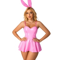 Frauen Wet Look PU Leder Mini kleid Bunny Girls Cosplay Clubwear Schatz Rücken ausschnitt A-Linie Sexy Bodycon Mini kleid