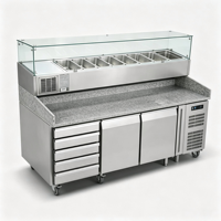 Table de préparation réfrigérée pour salades de restaurant, plan de travail en granit, réfrigérateur pour sandwichs et pizzas avec protection anti-éclaboussures en verre