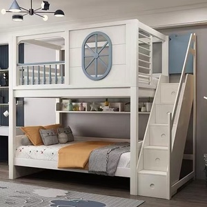 Cama Infantil con Forma de Timón de Barco JINS, <span class=keywords><strong>Madera</strong></span> Maciza Blanca con <span class=keywords><strong>Escalera</strong></span> de Almacenamiento y Estante Integrado para Dormitorio de Niños y Niñas - Product Image 1