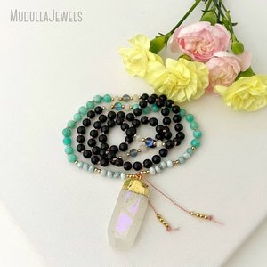 สร้อยคอเทพเจ้ามาลา MN41545พร้อมหินมูนสโตน Larimar ทัวร์มาลีนและลูกปัดอเมซอนต์มาลา108ของขวัญสำหรับเล่นโยคะ - Product Image 3
