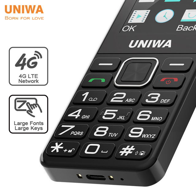 UNIWA V2000 T107 Dual Nano SIM Card Slot 2.4 Inch IPS Display Screen SOS Torch Big Battery USB Type-C Port 4g Button Phone