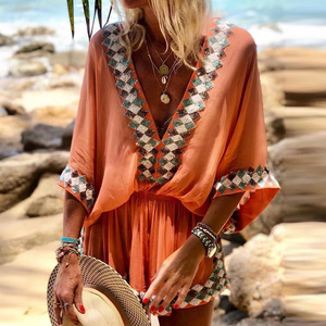 Red Deep V Neck Mini <b>Dress</b> With Contrast Binding <b>Elastic</b> Waist Beach Cover Up Women's Swimwear Fashion Style - Product Image 3