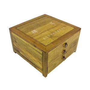 Golden Nanmu Wood Tea <b>Box</b> Square 260mm High 3 <b>Drawer</b> Solid Wood <b>Storage</b> <b>Box</b> With Silkscreen Design For Tea <b>Storage</b> - Product Image 1