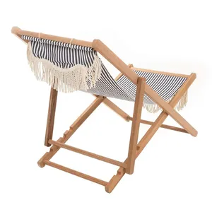 Real frame stripe cotton fabric fringe beach wooden folding chair portable outdoor boho lounge chaise with tassels