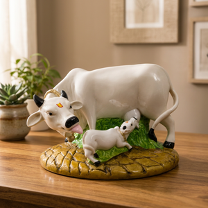 Vente en gros de statues de vache et de veau en résine artisanale Nirmala |   Idole de vache Kamdhenu traditionnelle indienne du Rajasthan pour table, bureau, maison - Product Image 1