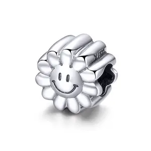 Pingente de prata refinada 925 autêntica, encantador de girassol com formato de girassol para pulseiras compatíveis com joias diy para mulheres scc901