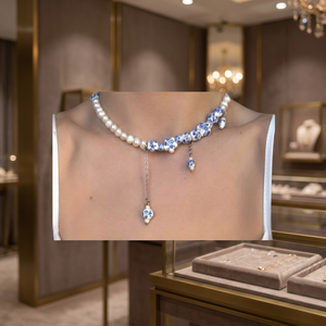 Collier ras du cou bleu et blanc à fleurs perlées avec perles et chaîne pour fête et mariage - Product Image 3