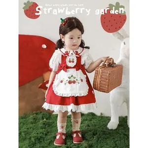 YOEHYAUL baju katun bayi perempuan, baju katun bordir stroberi lucu dengan pita merah manis putih Lolita