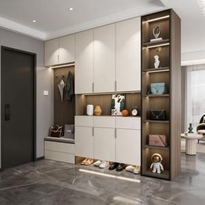 <span class=keywords><strong>Meuble</strong></span> à chaussures d'entrée avec banc intégré, éclairage LED, crochets, tiroirs, étagères ouvertes, style moderne, beige et noyer - Product Image 2
