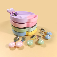Vaisselle de sevrage pour bébés en gros : Assiette en forme de champignon avec ventouse puissante et ensemble cuillère-fourchette à manche court pour une prise en main facile