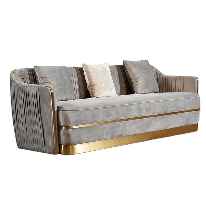 Set sofa Italia beludru abu-abu, desain mewah 3 tempat duduk sofa Emas modern ruang tamu furnitur sofa set 3 2 1