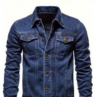 Jaket Denim Kerah Lapel Pria Kancing Depan Vintage Washed Lengan Panjang Kasual Trucker Outerwear