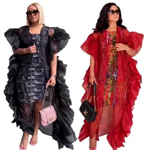 Baru wanita dua potong set elastis dicetak pakaian dalam terbaru gaun Afrika gaya mesh kasa desain Afrika Gaun
