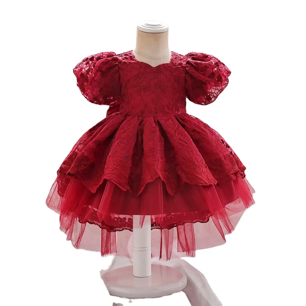 Vêtements pour enfants princesse dentelle porter robe pour filles transfrontalière avec manches bulle et nœud avec bonne maille pour bébé d'un an