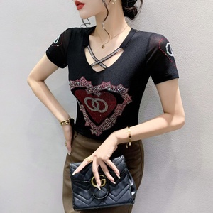Femmes coeur imprimé strass brillant paillettes entrecroisé maille vêtements <span class=keywords><strong>Rock</strong></span> Tee hauts discothèque à manches courtes chemises fête T-shirt - Product Image 5