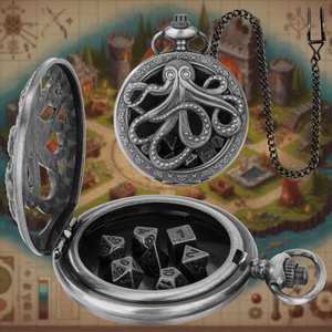 Ensemble de dés D&D DnD en micro-métal bronze gris antique, boîtier de montre de <span class=keywords><strong>poche</strong></span> <span class=keywords><strong>vintage</strong></span> Octopus Cthulhu avec chaîne, cadeau pour homme - Product Image 3