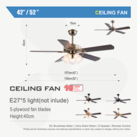 Ventilateur de plafond domestique silencieux de 52 pouces en bronze antique avec 5 pales en bois, télécommande, fabriqué en Chine, sans source de lumière