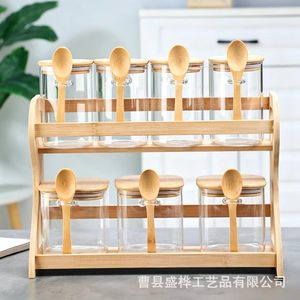 ชั้นวางของไม้ 2 ชั้น 8 ช่อง สำหรับจัดระเบียบเครื่องปรุงรสบนเคาน์เตอร์ครัว พร้อมขวดแก้วและช้อน - Product Image 1