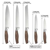 Ensemble de 5 couteaux de cuisine avec manche en bois grainé, acier inoxydable 30cr13+430, couteau de chef, couteau à pain, couteau utilitaire, accessoires de cuisine, FDA LFGB BSCI FSC