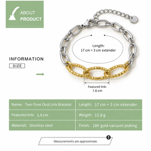 Bracelet à maillons ovales bicolore en acier inoxydable plaqué or 18 carats, maillons texturés en or, chaîne argentée - Product Image 2
