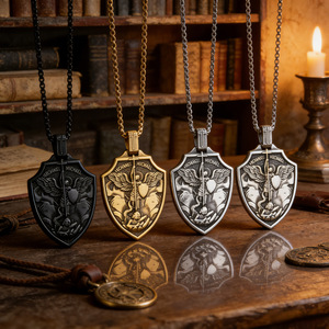 Collier pendentif en forme de bouclier de l'archange Saint Michel en acier inoxydable pour hommes et femmes, bijoux de protection de Saint Michel - Product Image 1