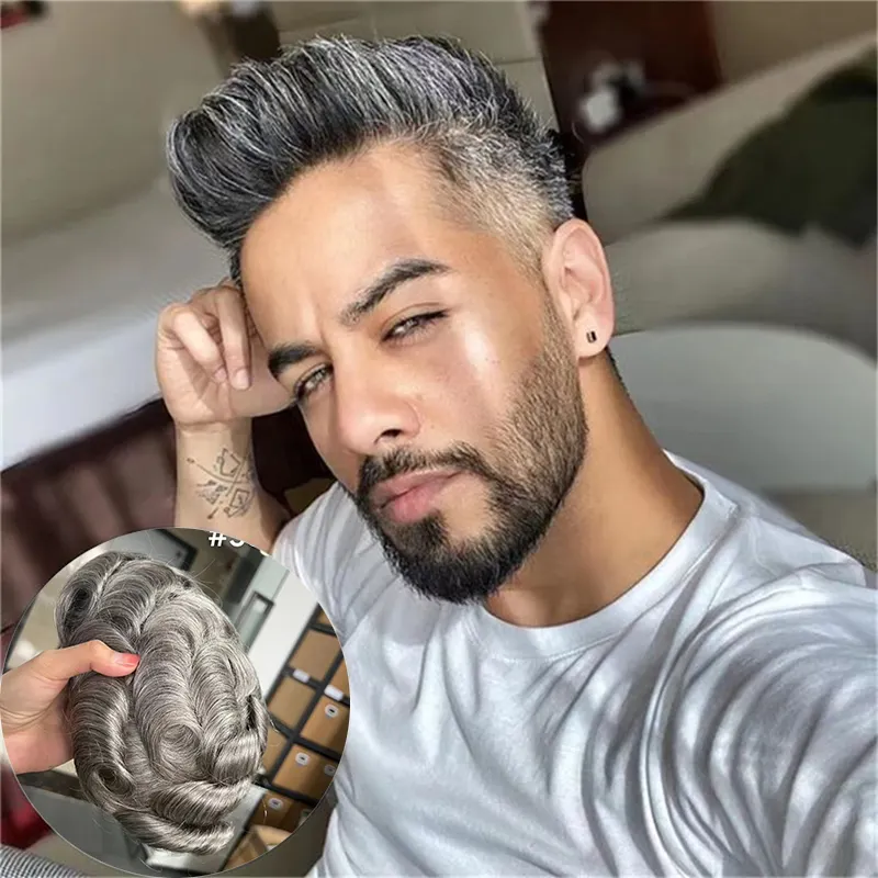 Vente en gros de perruques pour hommes de haute qualité 65% Système de cheveux gris 100% PU Système de remplacement de cheveux humains naturels Système capillaire de toupet pour hommes