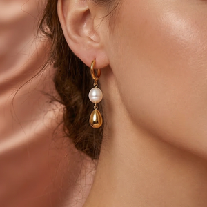 Boucles d'oreilles créoles pendantes en acier inoxydable plaqué or 18 carats avec perles baroques en forme de goutte d'<span class=keywords><strong>eau</strong></span> pour femme – Élégantes Aretes - Product Image 1