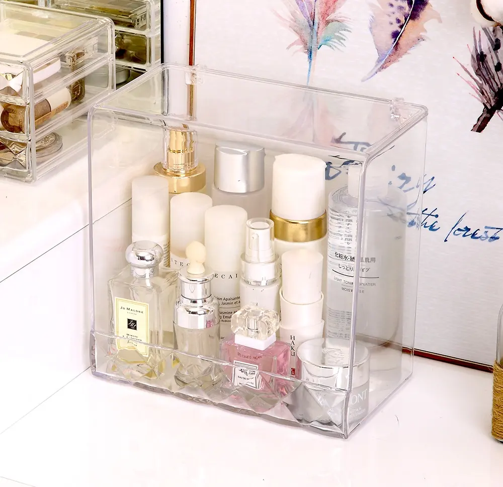 Coiffeuse écologique PS lotion cosmétique bouteilles de crème pour le visage boîte de rangement cosmétique quotidienne empilable grand organisateur de maquillage en plastique